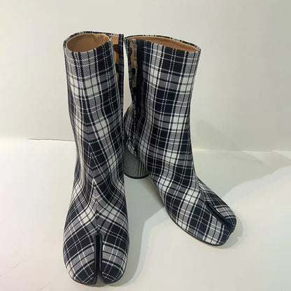 2025 Luxury Brand Designer Split Toe Ankle Boots New Fashion Chunky Round High Heels Women Boots Winter Plaid Boots