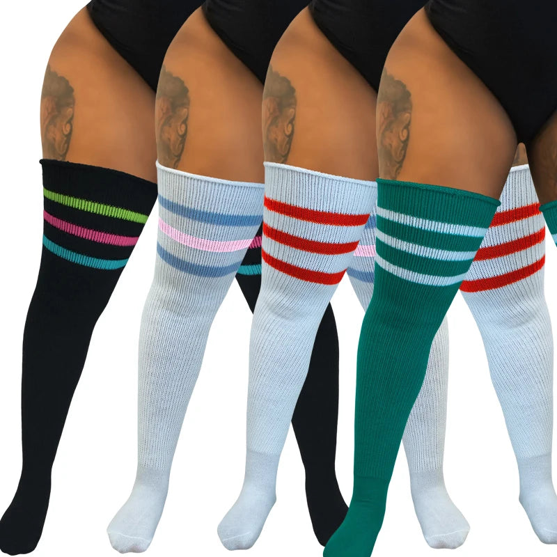 Women's Striped Plus Size Thick Thigh-High Socks Collection Big Girls Acrylic Yarn Stretch Colorful Streaks Leg Warmer Socks