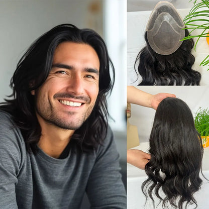 12'' Long Toupee for Men 10x8'' European Virgin Human Hair Replacement Systems Men's Hairpiece Mono Lace Top Loose Wave Men Wigs