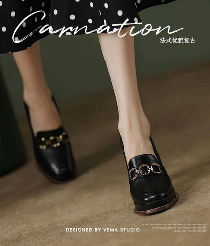 Split Cowhide Leather Shoes,Women Platform Block High Heels,Square Toe, Slip On,Retro Style,Brown,Black,Size 34-39,Dropship