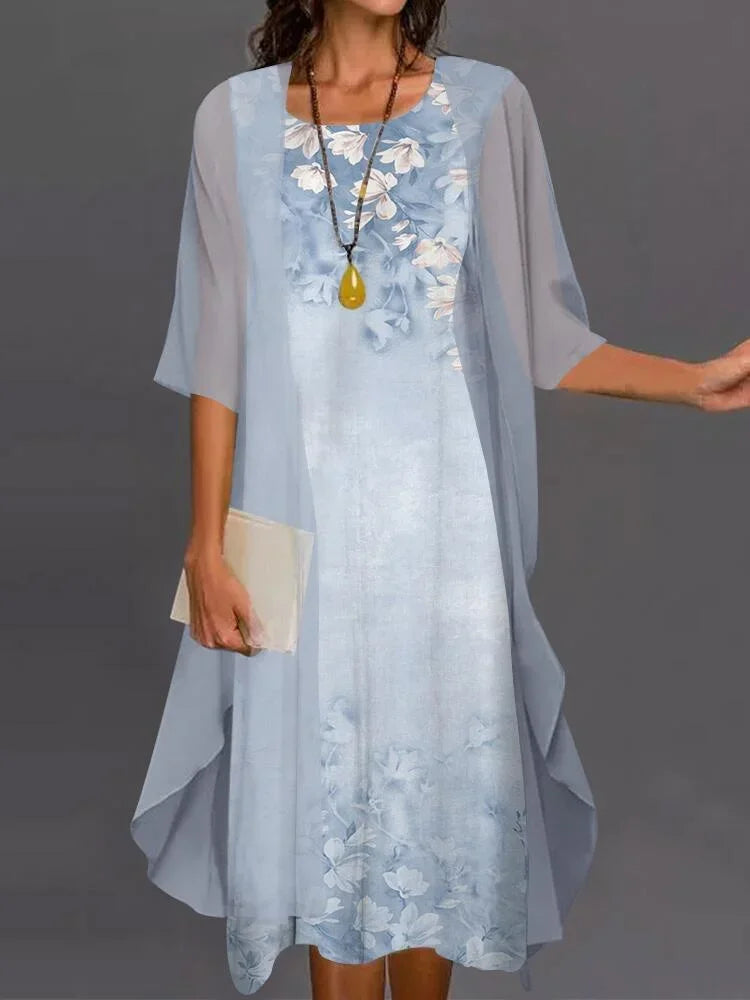 Fashion Women Chiffon Summer Sleeveless O-Neck Print Loose Party Dresses +Cardigan Shawl Elegant Casual Lady Two Piece Set Dress