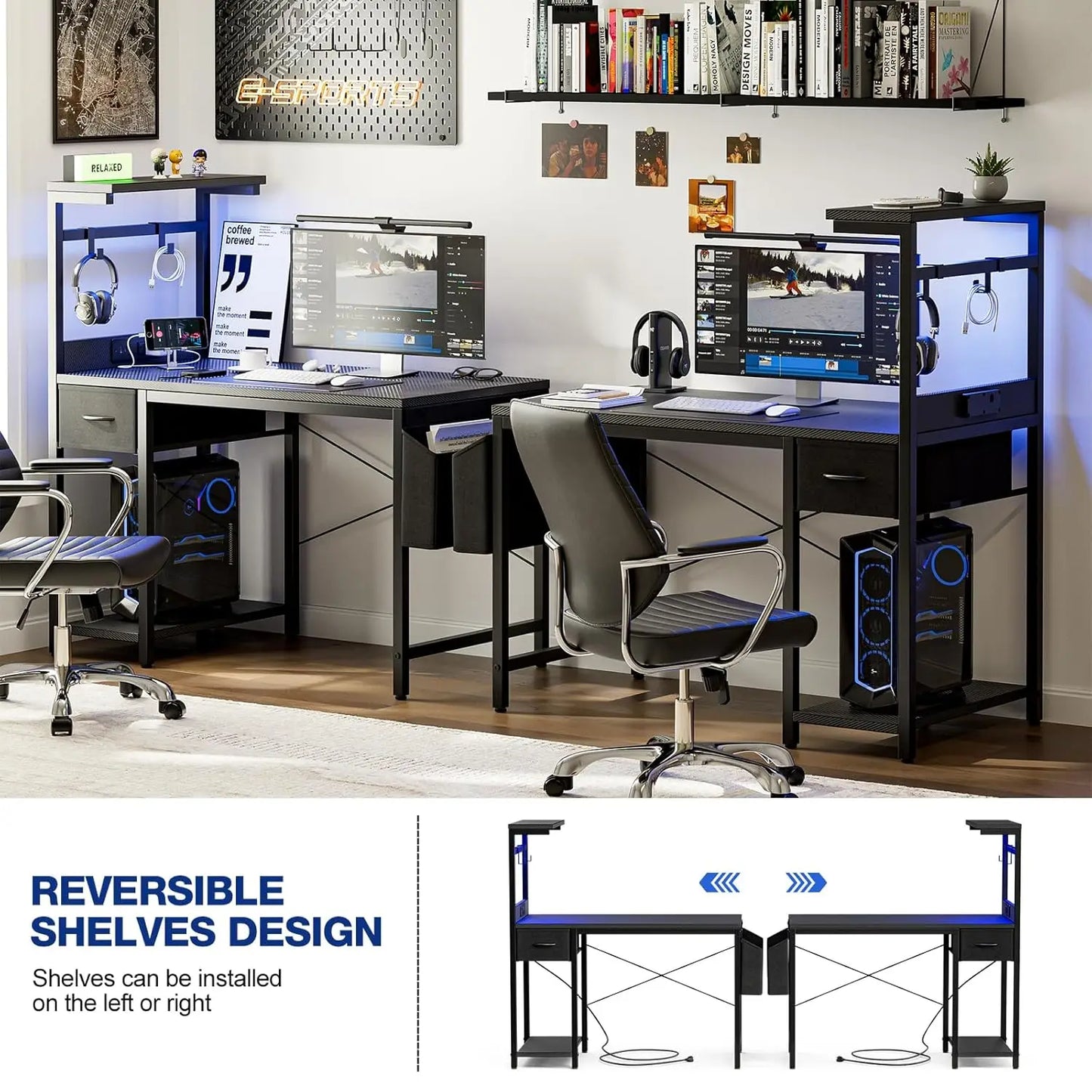 Gaming Desk 55 Inch with Power Outlet and LED Light, Computer Desk with Reversible Shelves and Storage Drawer, Pc, Customized