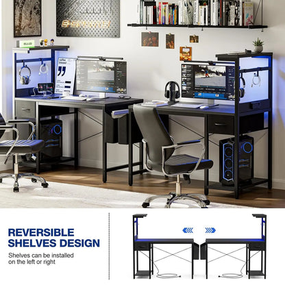 Gaming Desk 55 Inch with Power Outlet and LED Light, Computer Desk with Reversible Shelves and Storage Drawer, Pc, Customized