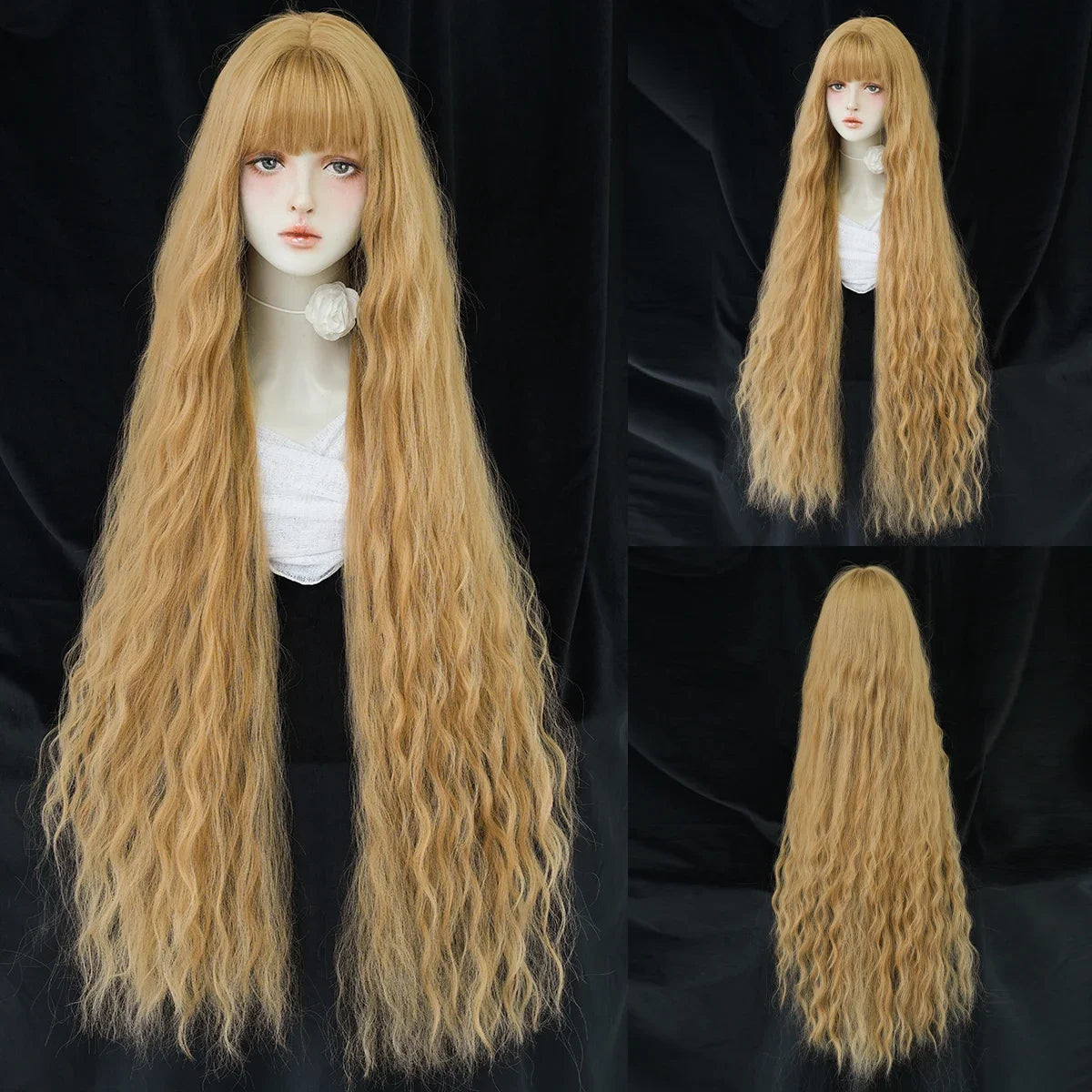 PARK YUN Extra Long Blonde Cosplay Wigs With Bangs Loose Long Curly Blonde Lolita Wig Synthetic Heat Resistant  Wig 44 Inch