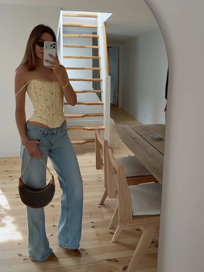 Yellow Flora Printed Corset Top Women Sexy Sleeveless Fishbone Bodycon Spaghetti Strap Lace Up Tops 2026 Lady Summer Party Vest