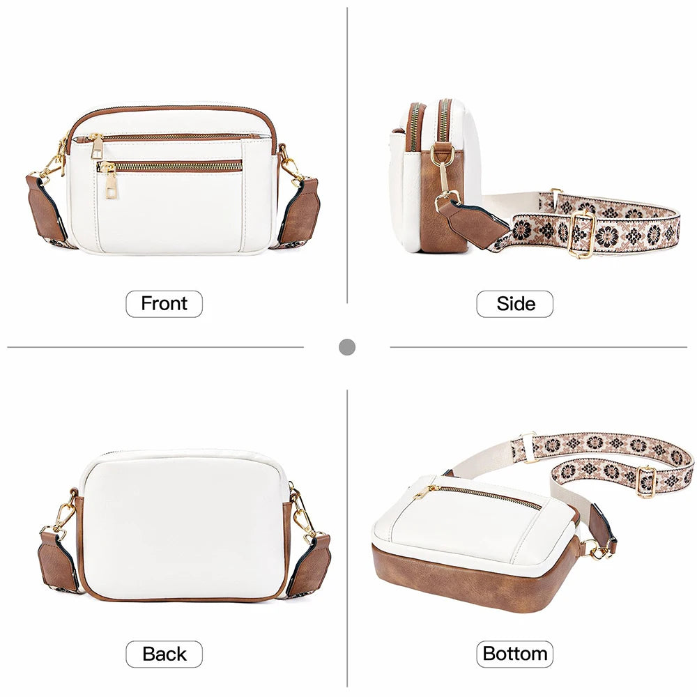 Stylish Wide Strap Shoulder Bag Women's Multiple Pockets Faux Leather Crossbody Bags Adjustable Strap  Travel Handbag Purse