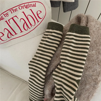 Korean Simple Colored Striped Cotton Socks Women’s Autumn Winter Breathable Middle Tube Socks College Style Trendy Casual Socks