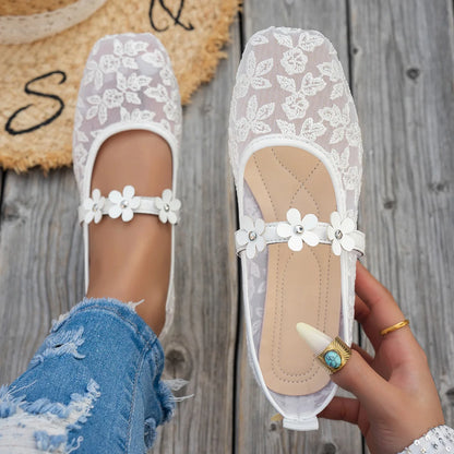 Plus Size 43 Women Fashion Ballet Flats Breathable Laces Square Toe Spring Summer Flat Shoes For Female Daily Walking Loafers
