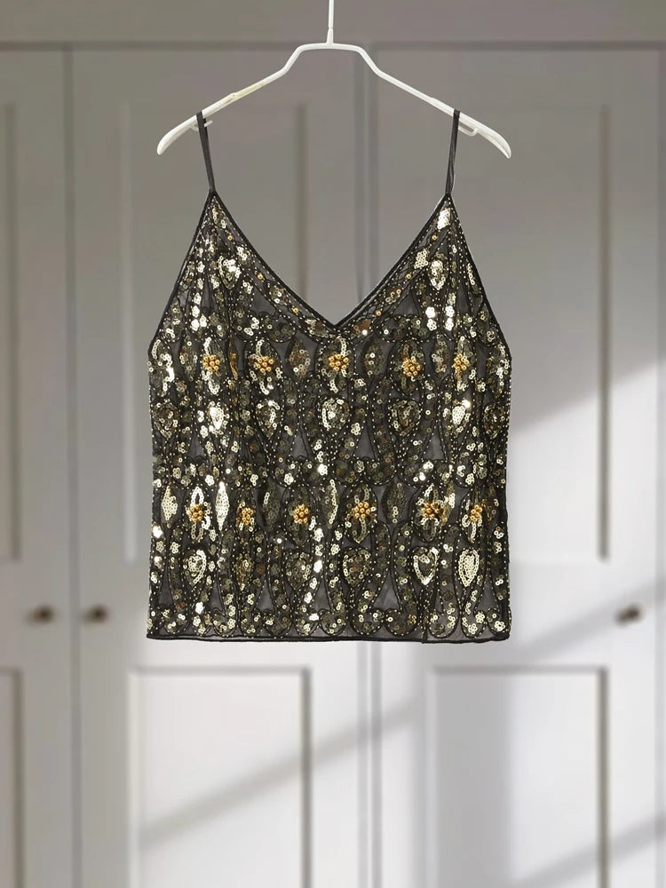 Sexy Sequins Beaded Camisoles Women Glitter Sleeveless Backless Pleated Sling Crop Tops 2026 Spring Summer Club Party Tank Lady