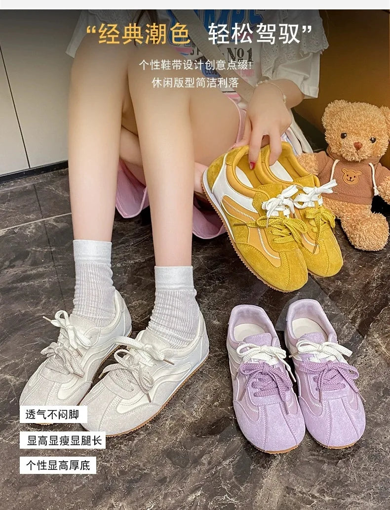 Women's Casual Shoes Suede Leather Training Shoes for Women 2026 Patchwork Retro Sneakers Ladies Casual Flat Heels Walking Shoes