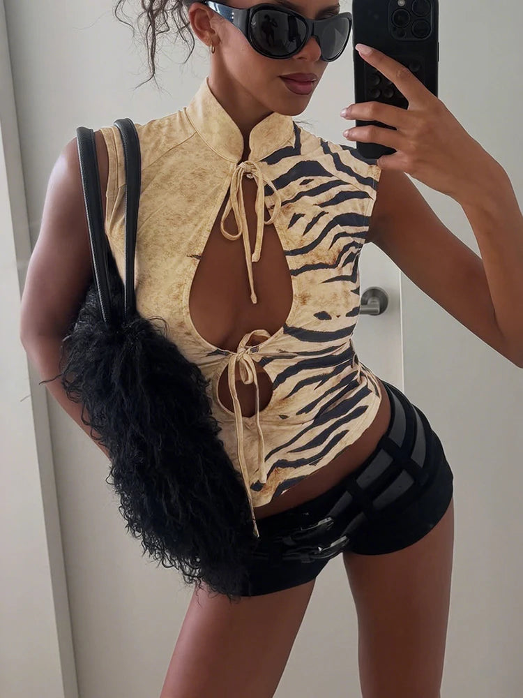 Kliou Tiger Stripes Print Tank Tops Woman Summer Trend Stand Collar Hollow Shirring Design Hot Girls Street Wild Style Vests