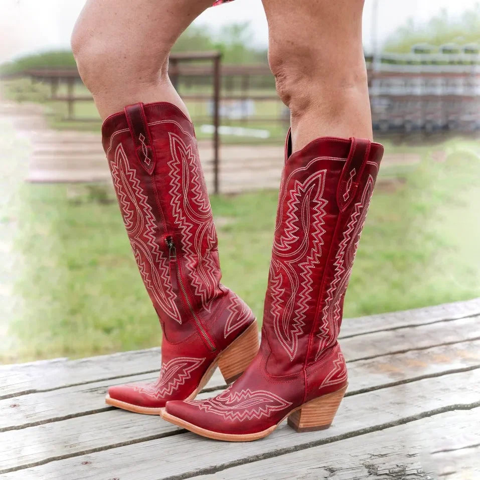 Women Western Cowboy Style Boots Pointed Thick High Heels Knee Length Embroidered Boot Autumn Block Heel Retro Casual Shoes