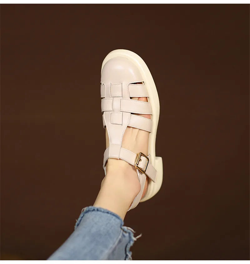 2023 Women Sandals Retro Genuine Leather Luxury Roman Sandals Casual Buckle Strap Summer Shoes GLADIATOR Thick Heel Women Shoes