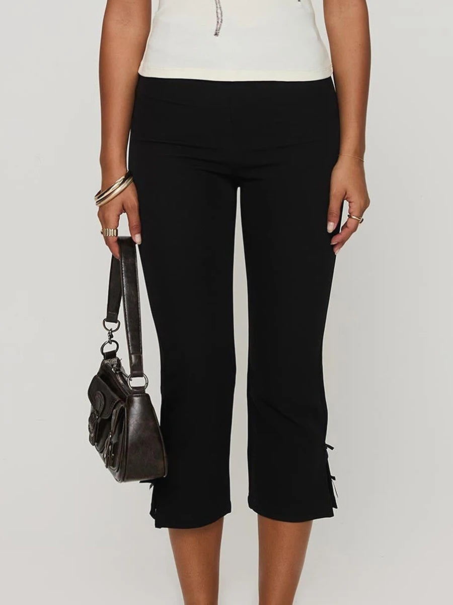 Women Bow Decor Capri Pants Chic Fashion Solid Color Slim Fit Cropped Pants Summer Casual Stretch Leggings Ladies High Street
