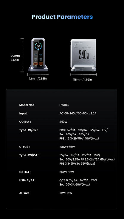 240W GaN Charger 6-IN-1 140W PD3.1 PPS USB Type C Digital Display Fast Charging Station for iPhone 16 15 MacBook Laptops Samsung