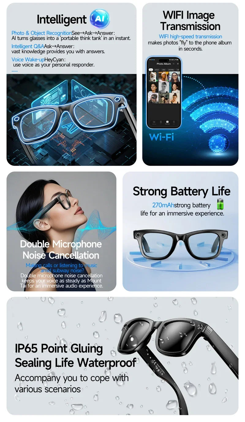 HIWEGO New Smart Glasses 8MP HD Camera AI Glasses Photo Video Recording Waterproof Mini Anti-blue Camera Glasses for Man Women