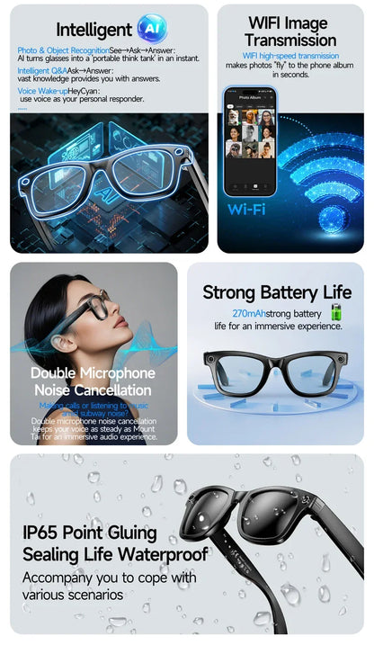 HIWEGO New Smart Glasses 8MP HD Camera AI Glasses Photo Video Recording Waterproof Mini Anti-blue Camera Glasses for Man Women