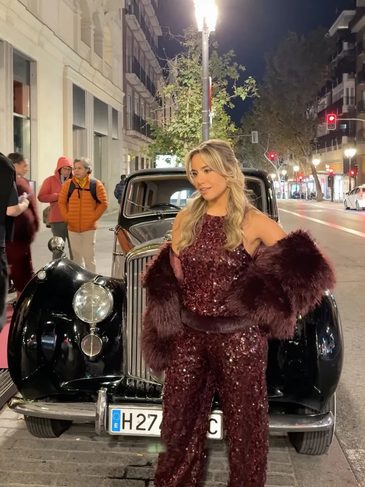 Chic Sequin Sleeveless Top Pants Set Women Faux Fur Patchwork Tops High Waist Straight Trousers Sets Lady Party Street Outfits