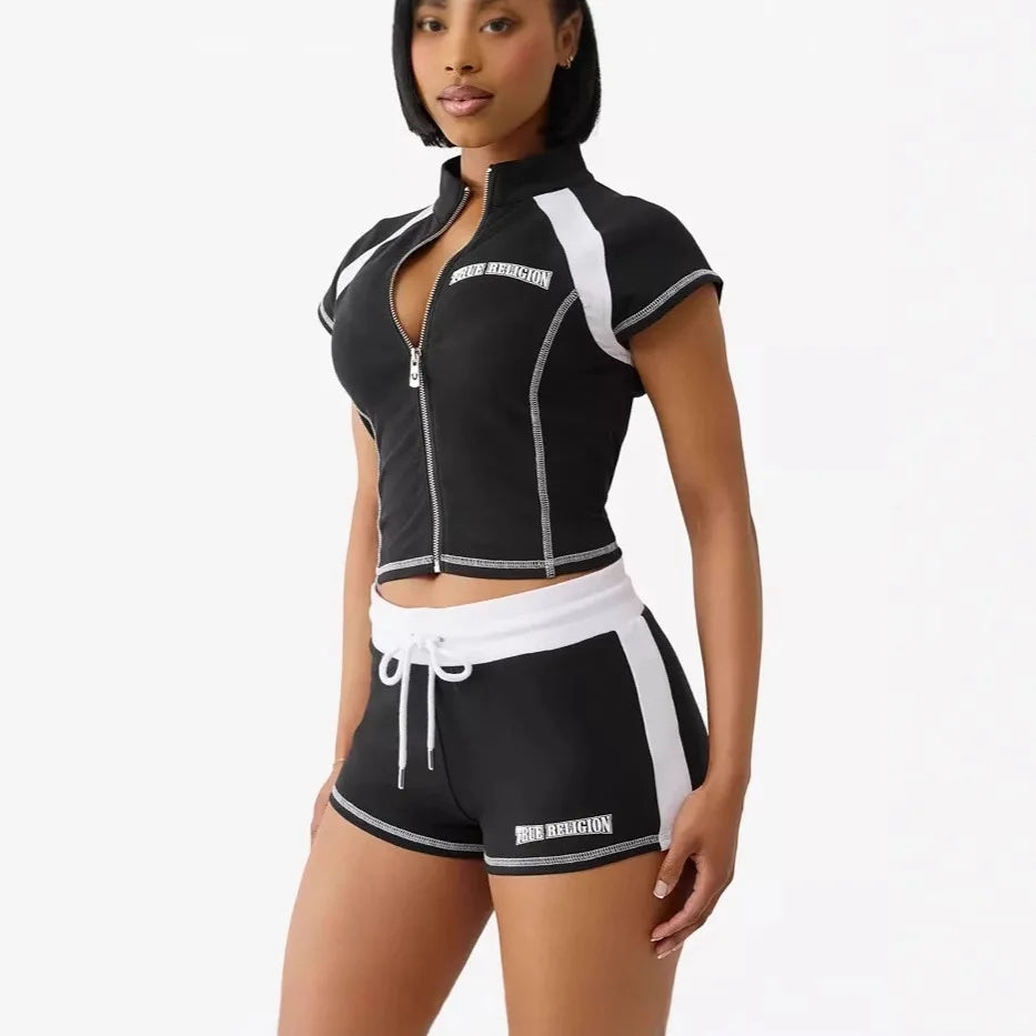 2025 Summer European and American Street Spice Girl Style Zipper Cardigan Slim Casual Sports Short-sleeved T-shirt Top Set