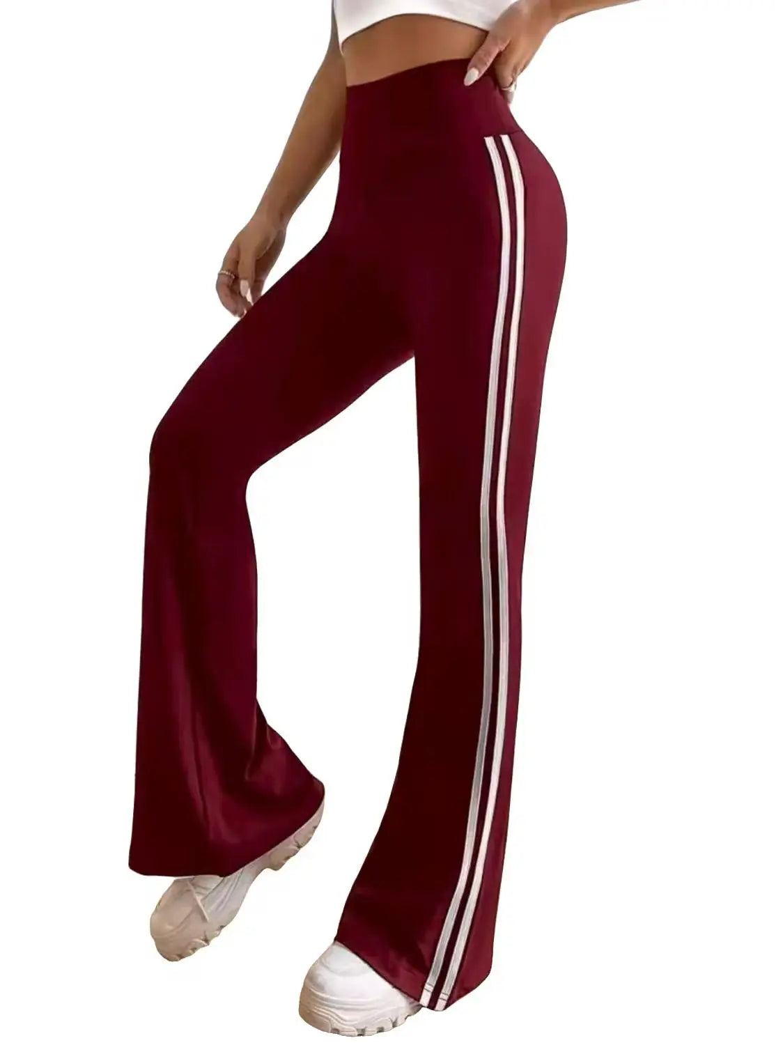 Women's Casual Sports Flared Pants, Side Stripe Design, High-Waisted and Hip-Lifting, Suitable for All Seasons, Slim-Fit Long Pants