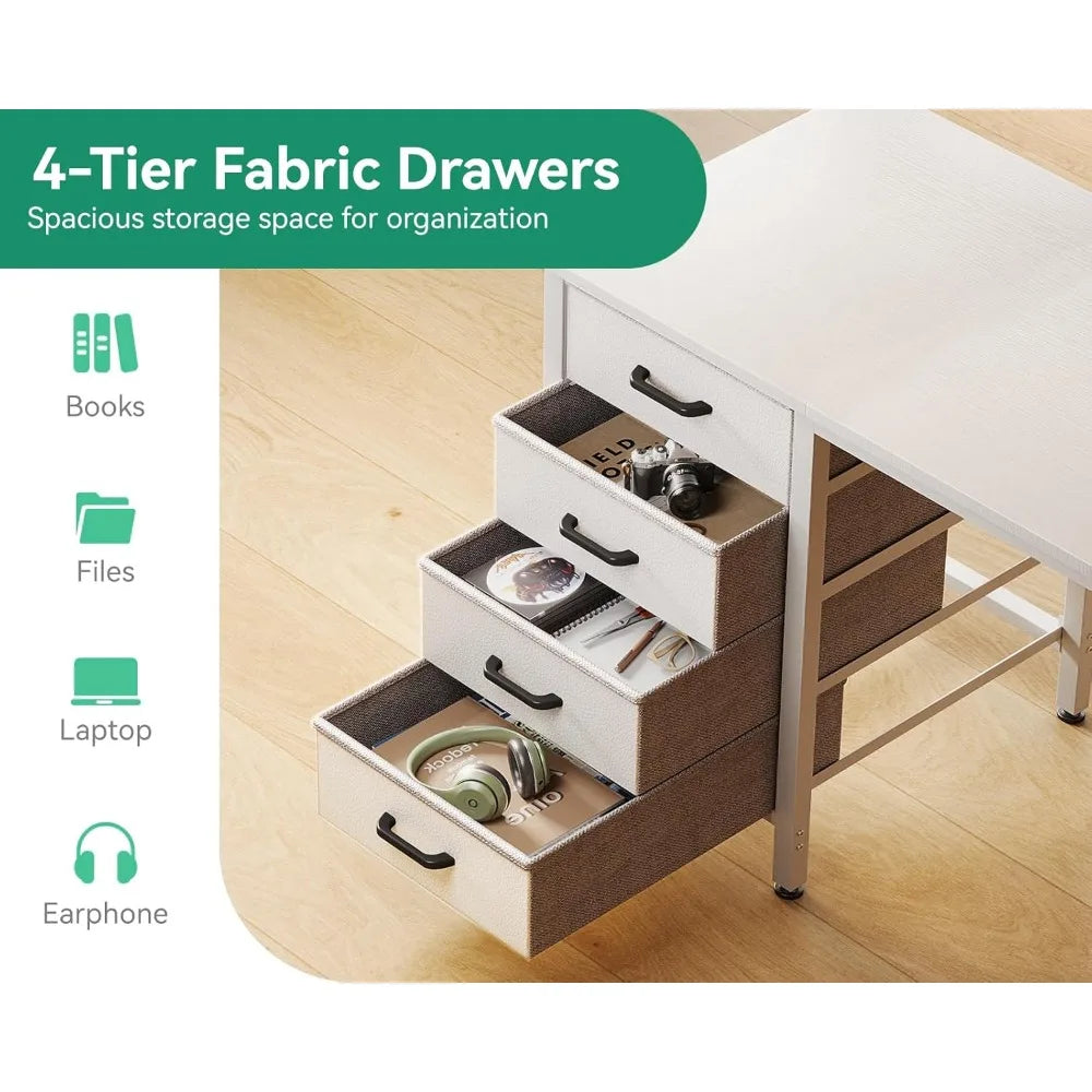 32-inch mini computer desk with 4 fabric drawers, storage space, side hooks and a cloth bag; children's desk, white.