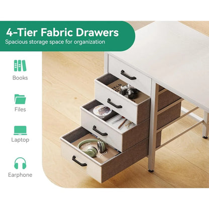 32-inch mini computer desk with 4 fabric drawers, storage space, side hooks and a cloth bag; children's desk, white.