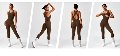 Seamless Peach Booty One-Piece Yoga Bodysuit - V-Back Tummy Control Gym Outfit for Women - Sexy Workout Jumpsuit Fitness Bodycon