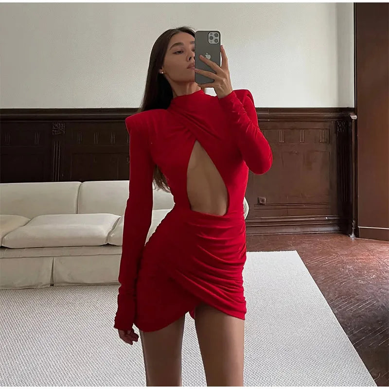 Sexy Hollow-out Pleated Mini Dress Women Fashion Solid Half High Collar Long Sleeve Slim Dresses 2025 Lady Party Club Robes