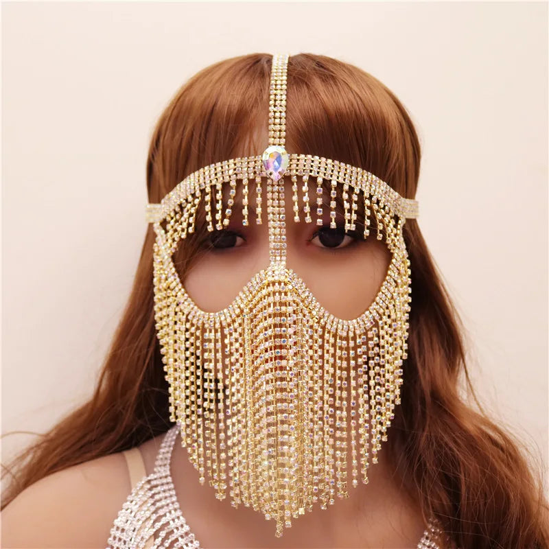 Charms Sexy Rhinestone Tassel Masquerade Face Jewelry For Women Facial Accessories Banquet Party Mask Full Face Chain Decoration