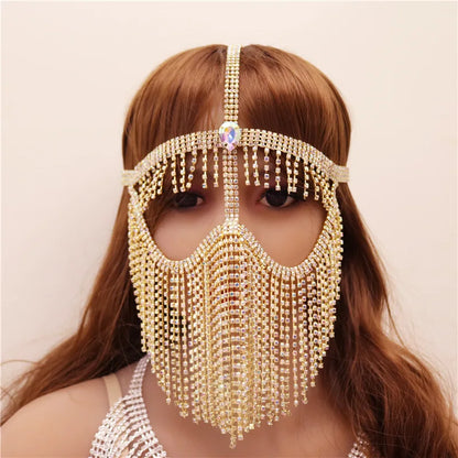 Charms Sexy Rhinestone Tassel Masquerade Face Jewelry For Women Facial Accessories Banquet Party Mask Full Face Chain Decoration