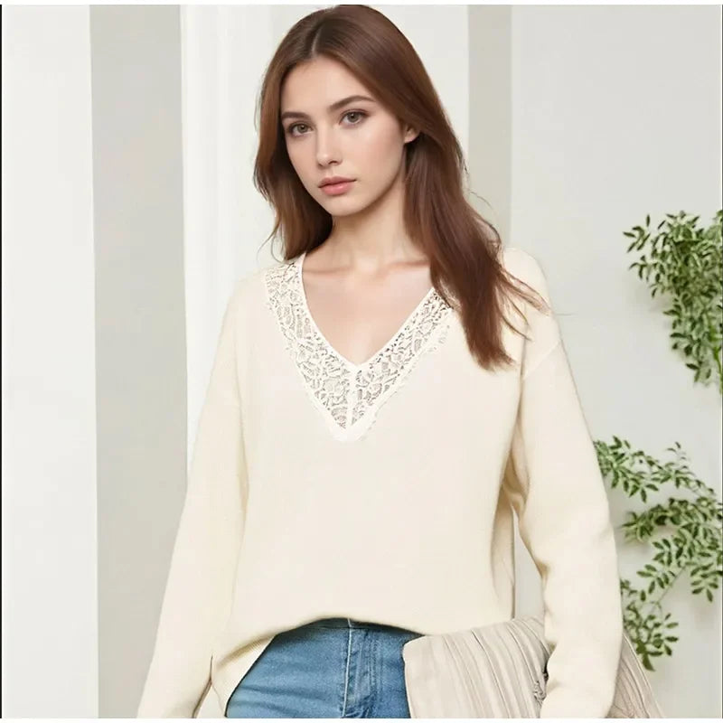 Women Fashion Lace Pullovers Elegant Long Sleeves Chic V-neck Solid Slim Knitwear 2025 Autumn Winter Daily Commute Outerwear