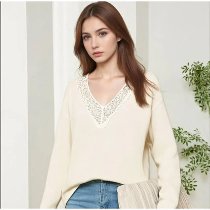 Women Fashion Lace Pullovers Elegant Long Sleeves Chic V-neck Solid Slim Knitwear 2025 Autumn Winter Daily Commute Outerwear