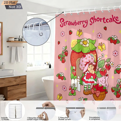 1pc Pink Cake Girl Printed Waterproof Shower Privacy Partition Shower Curtain With 12 Hooks Multiple Sizes Machine Washable