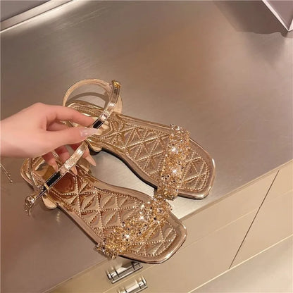 Luxury Crystal Square Toe Sandals Elegant Peep Toe Flat Slides Summer Fashionable Beach Shoes for Women