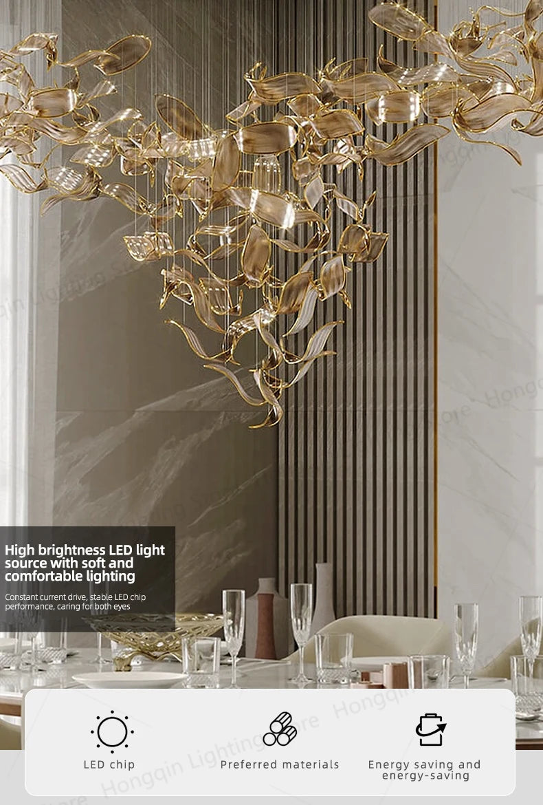 Restaurant Light Decorative Glass Leaf Pendant Chandelier Light Living Room Hotel Pendant Lighting Fixtures For Kitchen Island
