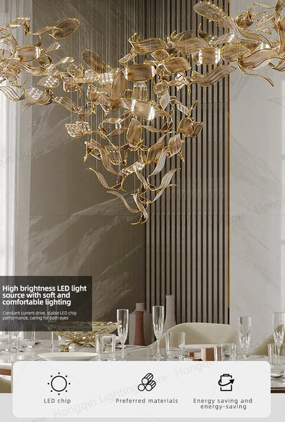 Restaurant Light Decorative Glass Leaf Pendant Chandelier Light Living Room Hotel Pendant Lighting Fixtures For Kitchen Island