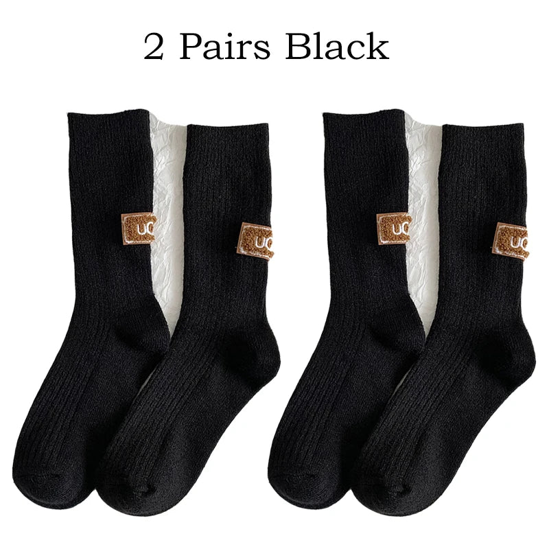 2 Pairs Cashmere Socks Winter Women Warm Wool Thickened Mid-Tube Trendy Heel Furry Label Letter Solid Color Snow Boot Socks New