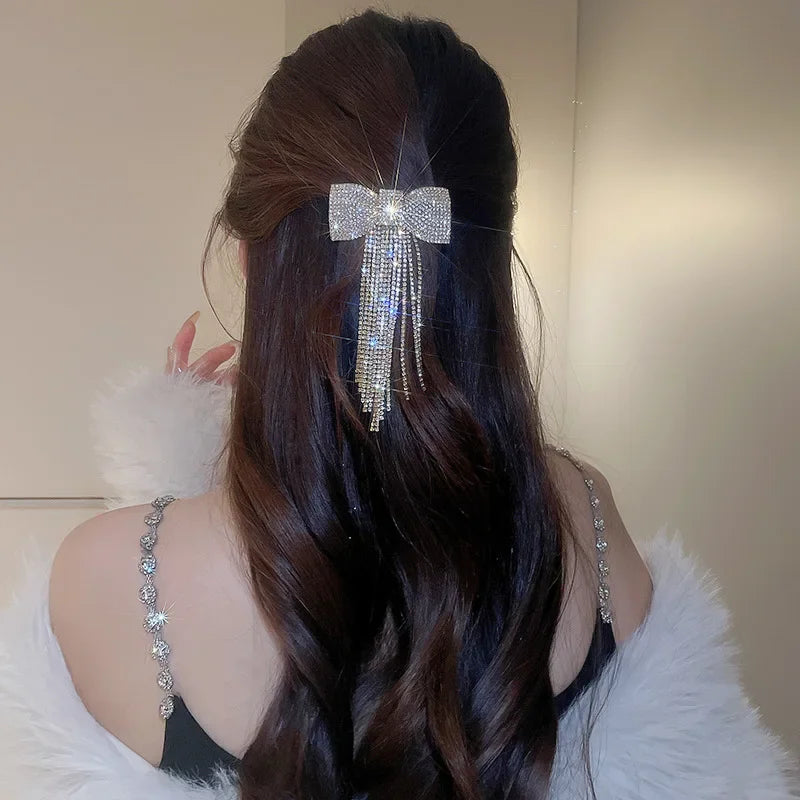 Rhinestone Bow Fringe Hairpin for Women Fashion Temperament Hair Clip Korean Light Luxury Hair Accessories Gold Silver Color