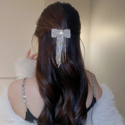 Rhinestone Bow Fringe Hairpin for Women Fashion Temperament Hair Clip Korean Light Luxury Hair Accessories Gold Silver Color