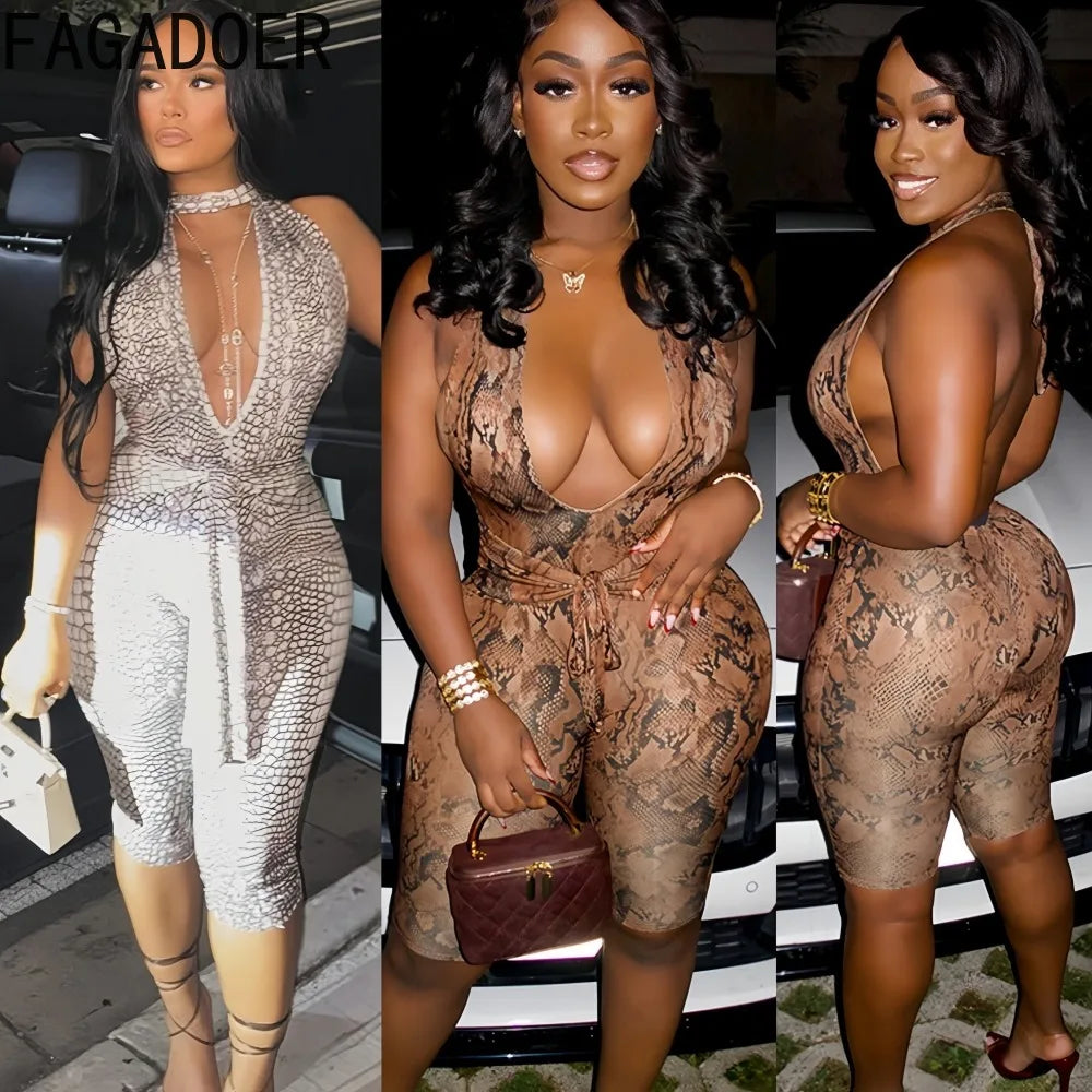 FAGADOER Sexy Python Print Patchwork Bodycon Jumpsuits Woman Halter Deep V-neck Backless Rompers Female Streetwear Overalls New