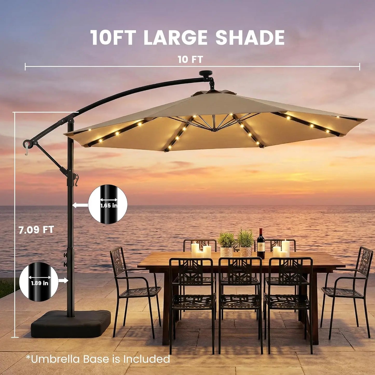 10ft Solar LED Patio Umbrella with Base, 32 LED Lighted Outdoor Offset Cantilever Umbrella with Sturdy 8 Rids, Customized