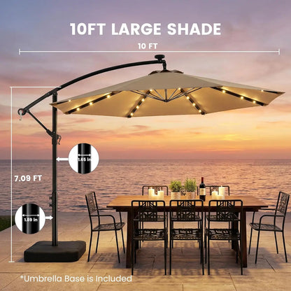 10ft Solar LED Patio Umbrella with Base, 32 LED Lighted Outdoor Offset Cantilever Umbrella with Sturdy 8 Rids, Customized