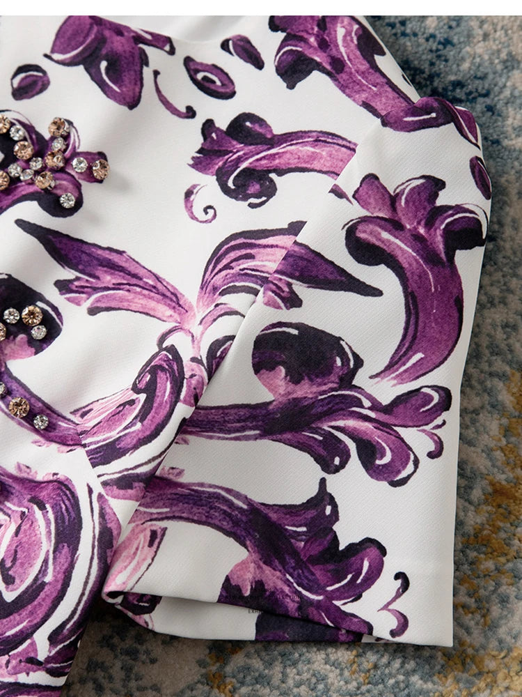 Women Purple Blue and White Porcelain Print Dress Beaded Short Sleeve Loose Straight Summer Casual Midi Dress 2026