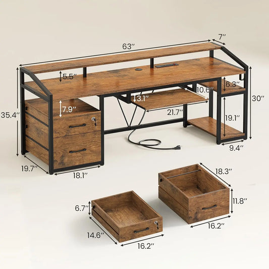 63" Computer Desk, Office Desk with Lock Drawers for Legal/Letter File, Gaming Desk with LED Light & Power Outlet,, Customized