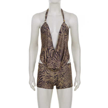SUCHCUTE Woman Leopard Print 2 Piece Set Outfit Halter Deep V-neck Backless Crop Top & Low-Rise Shorts Sexy 2pcs Summer Clothes