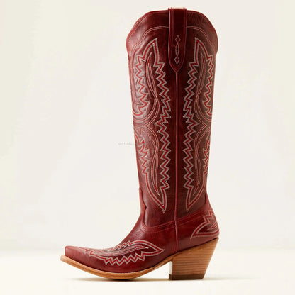 Women Western Cowboy Style Boots Pointed Thick High Heels Knee Length Embroidered Boot Autumn Block Heel Retro Casual Shoes