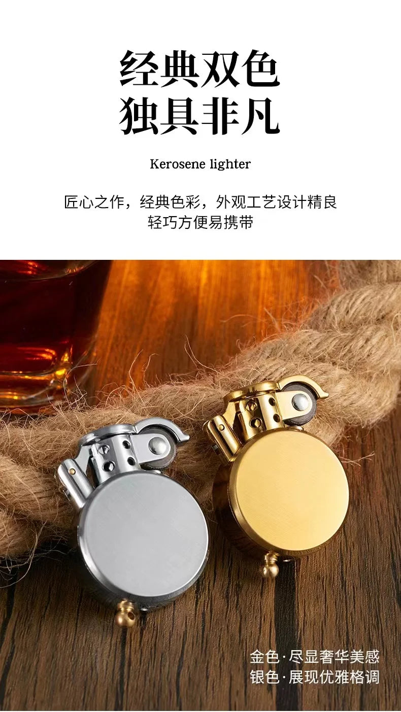 New Retro Round Kero sene Lighter Creative Metal Windproof Flame Lighter Gold and Silver Oil Lighter Smoking Accessories Tool