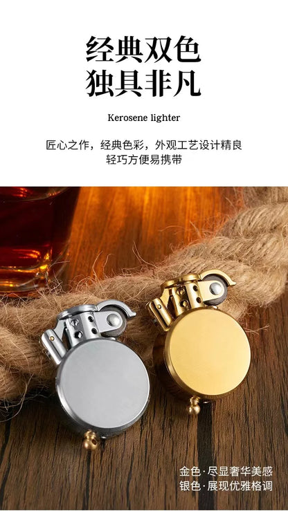 New Retro Round Kero sene Lighter Creative Metal Windproof Flame Lighter Gold and Silver Oil Lighter Smoking Accessories Tool