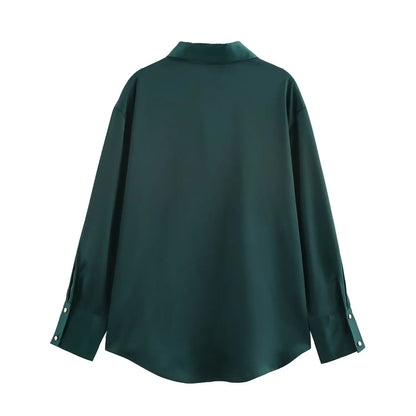 DUOPERI Women Fashion Satin Brown Blouse Lapel Neck Long Sleeves Vintage Female Chic Lady Shirts