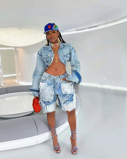 Shorts Pant Set Women Two Piece Sets Denim Turn Down Collar Matching Sets Tops Knee Length Pants High Waist Y2k Streetwear